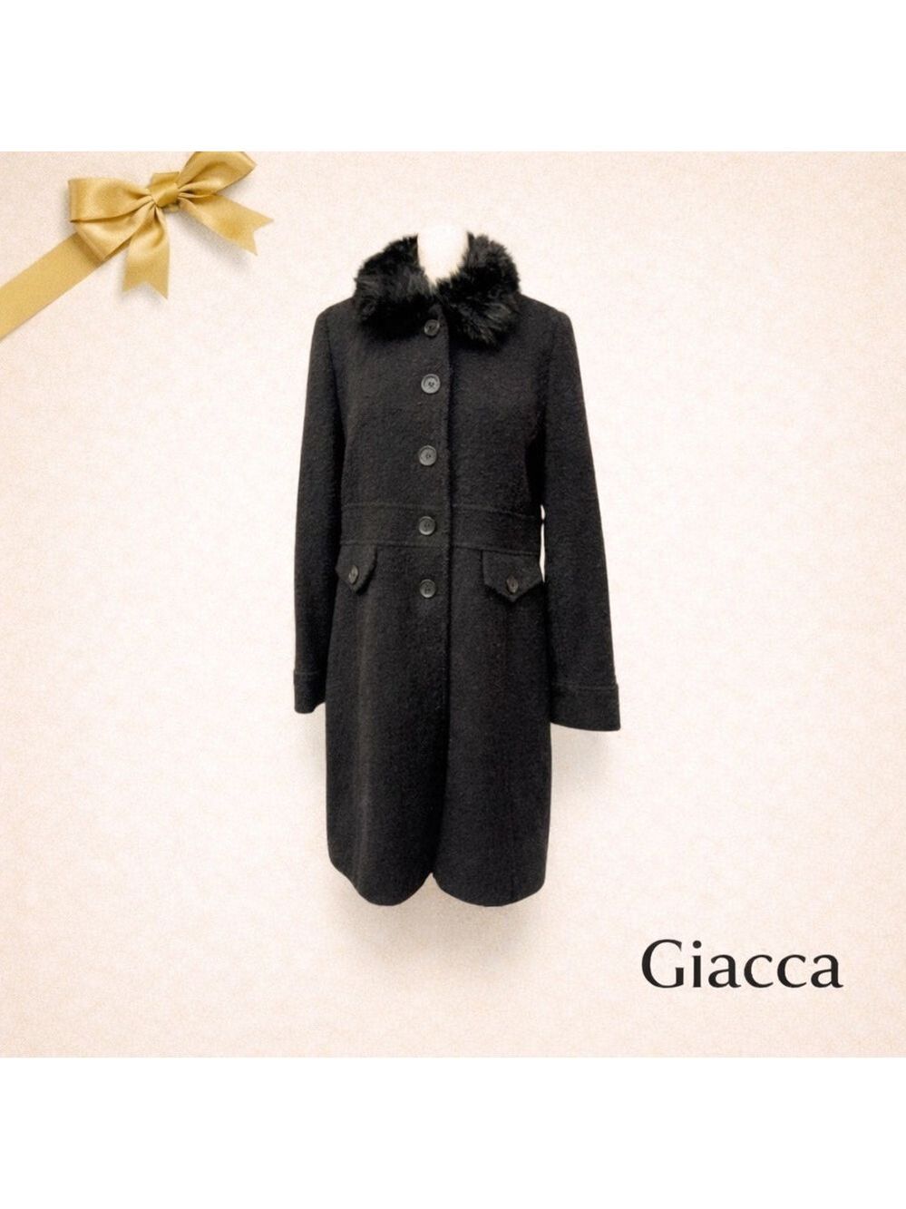 Giacca Black Wool Coat Faux Fur Collar Size Small